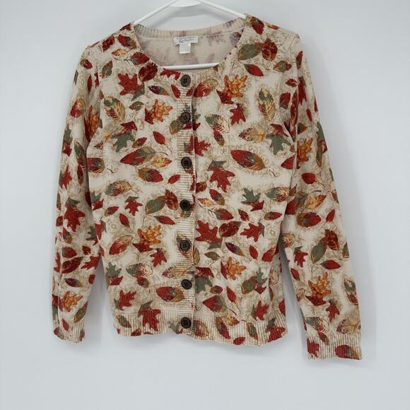 Christopher & Banks Cardigan Sweater Womens Medium Fall Leaf Print Button Front - Picture 4 of 9